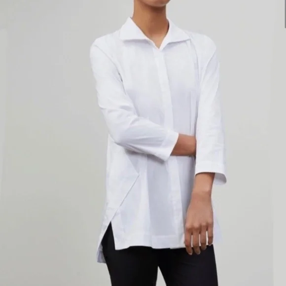 Lafayette 148 New York - White 3/4 Sleeve Button-Down Shirt Tunic Blouse - Picture 2 of 10